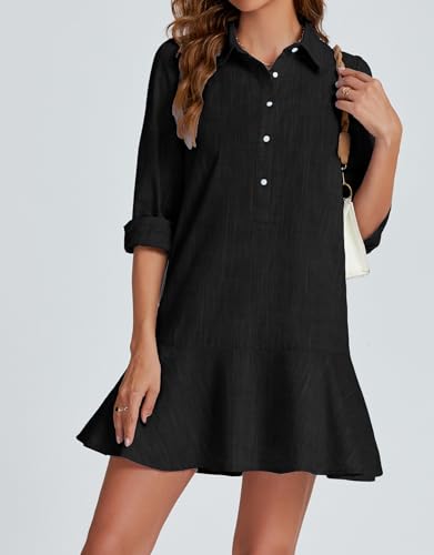 Image of YEXPINE Women's Tunic Mini Shirt Dress Cotton Linen Long Sleeve Button Up Ruffle Hem Loose Casual Summer Pockets Shift Dress
