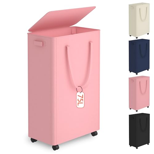 Image of Slim Laundry Hamper with Wheels,20 Gal (75L) Rolling Laundry Basket with lid and wheels Clothes Hamper Foldable Tall Dirty Clothes Basket Sturdy Collapsible Clothes Hamper for Dorm,Laundry Room