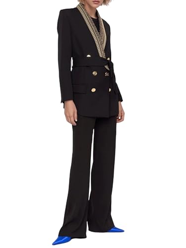 Women's Beads Belt Blazer Mid-Length Shawl Collar Office Jacket Coat Double Breasted Business Suit