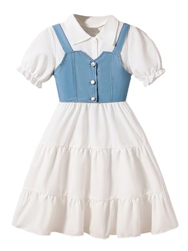 Verdusa Girl's 2 Piece Summer Outfit Button Up Denim Crop Tops with Puff Sleeve Flowy Dress Set