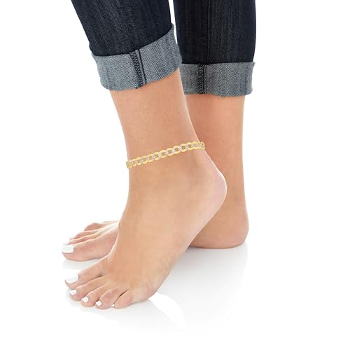 Floreo 10k Yellow Gold and White Gold 6mm Solid Two-Tone Curb Cuban Chain Bracelet and Anklet4