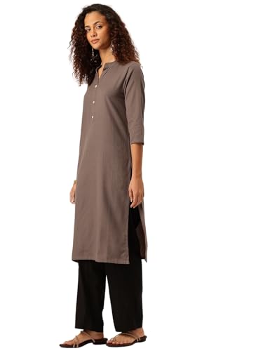 Image of feranoid Women's Plain Cotton Kurta with Mandarin Collar, 3 /4 Sleeves & Pocket