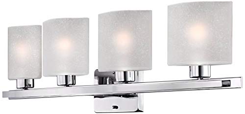 Image of Possini Euro Design Modern Wall Light Chrome Silver Metal Hardwired 32 inch 4-Light Fixture White Linen Glass Shades for Bedroom Bathroom Mirror Vanity Reading Living Room Hallway House Home Decor