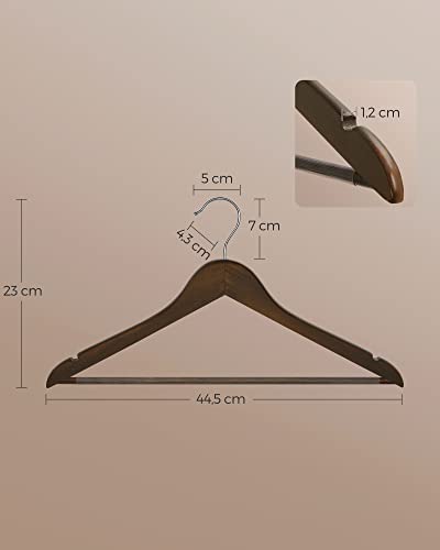 SONGMICS CRW02V20 Wooden Hanger with Non Slip Grooves Non-Slip Trouser Bar, 360° Swivel Hook, for Suits, Shirts, Coats, Walnut and Silver