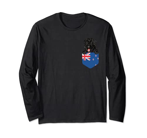 New Zealand Flag Bouvier des Flandres Dog In Pocket Long Sleeve T-Shirt, Black