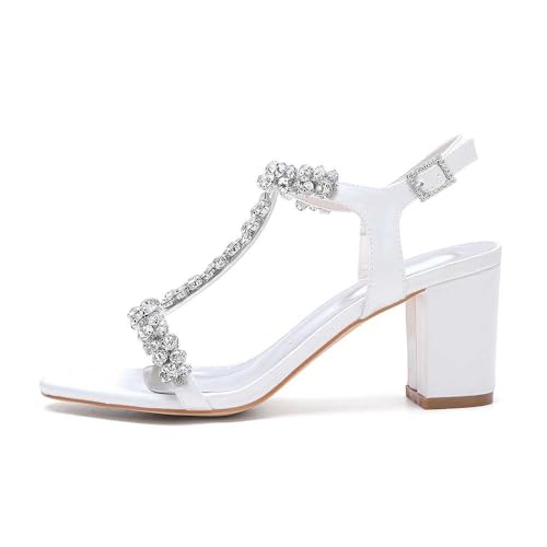 TarfiC Women's High Heel Round Toe Buckle Chunky Heels Rhinestones Wedding Shoes Satin Peep Toe Comfortable Sandals Dressy4