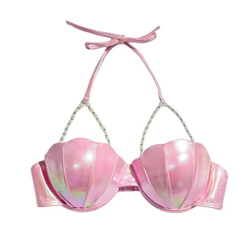 Alidamo Mermaid Bikini Tops for Women Swimsuit Seashell Bra Bathing Suits Light Support Adjustable Back Strappy Pink L