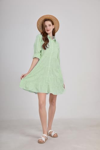 Image of utcoco Womens Striped Button Down Midi Shirt Dress Casual Loose Cuffed Long Sleeve Mid Long Dresses