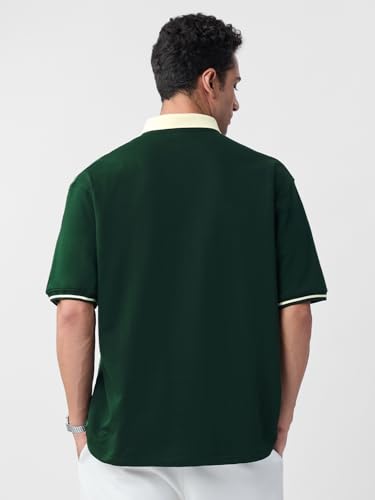 Image of The Souled Store Originals: Men and Boys Short Sleeves Polo Collar Cream Colour Block Cotton Casual Lightweight Drop Shoulder Streetwear Trendy Oversized T-Shirts