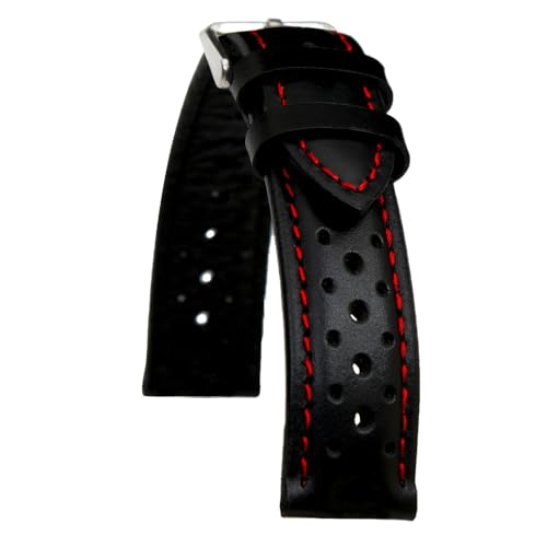Bracelet montre racing cuir perforé noir et surpiqûres rouges aux finitions haut de gamme