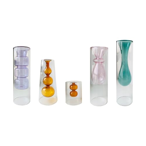 Artibetter Jarrón de Flores Hidropónico de Vidrio Doble Capa Transparente Macetero Decorativo Color Café Bajo Soporte para Plantas Acuáticas y Arreglo Floral Elegante para Hogar