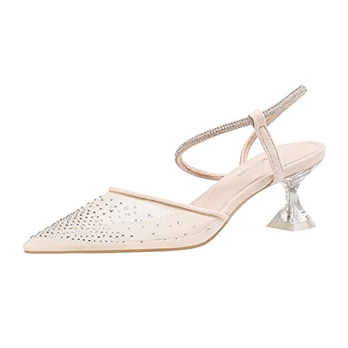 LK-HOME Damen Pumps Große,Stöckel Schuhe Stiletto Absatz Mit Spitzen Zehen,Flacher Mund Strass Strap Sandalen 5Cm High Heels,Elegant Für Den Sommer Den Pendelverkehr Partys Abendkleider,Flesh,EU35 Cover