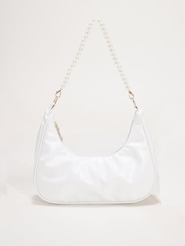 Image of SweatyRocks Women's Pearls Chain Top Handle Shoulder Bags PU Leather Zipper Hobo Bags Clutch Purses White One-Size