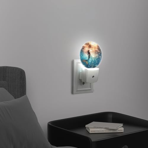 Image of Round LED Night Lights Lamp with Dusk to Dawn Sensor, Beautiful Mermaid Swimming in The Deep Sea Night Light Plug Into Wall for Kids Room, Bedroom, Bathroom, Kitchen, Hallway