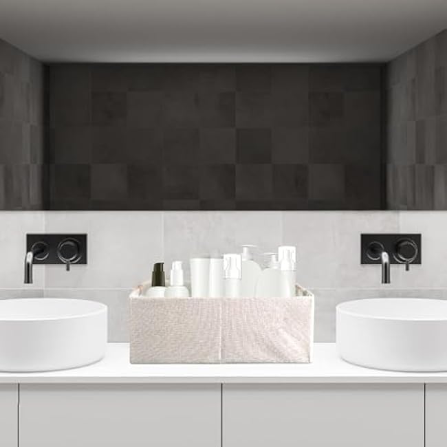 Fabric Storage Bin Box Foldable Cotton Linen Storage Basket with Wooden Handles Rectangular Cube Decorative Home Laundry Organizer Clothes Blanket Container - Beige, Large