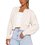 Women Y2K Button Front Crop Sweater Cardigan Solid Color Crew Neck Long Sleeve Knit Fall Tops Streetwear (Cream, S)