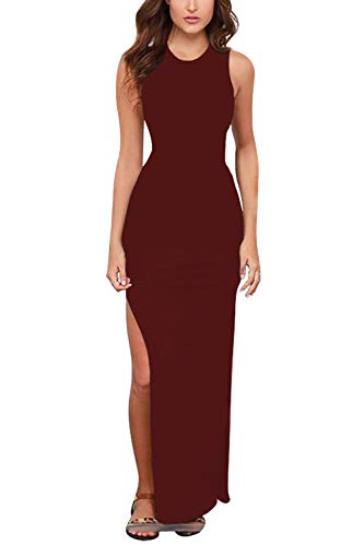 Meenew Women's Solid Elegant High Slit Crew Neck Sleeveless Bodycon Mixi Long Dress for Cocktail Ruby XX-Large