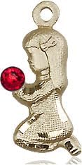 14kt Gold Filled Praying Pendant with a 3mm Faux Ruby Red Austrian Crystal stone on a 18 inch Gold Plate Light Curb Chain