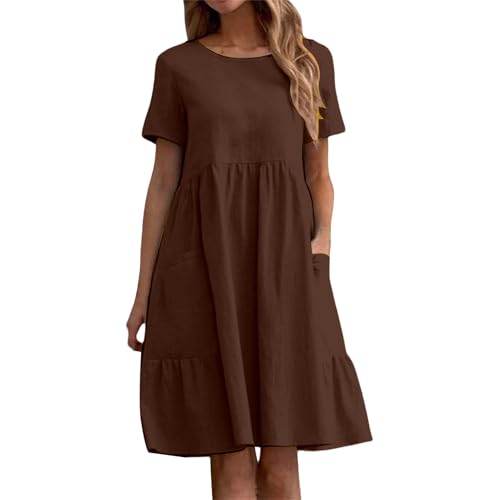 Womens Summer Cotton Linen Dress Short Sleeve Crewneck T Shirt Dresses Casual Flowy Maxi Tunic Beach Dress