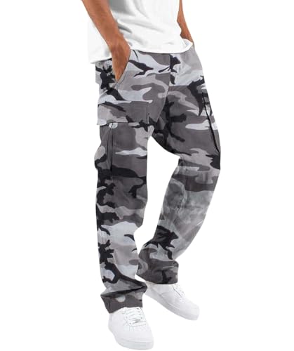 Men's Camo Cargo Pants Casual Camouflage Print Stretch Elastic Waist Tapered Tactical Climbing Pants with Pockets
