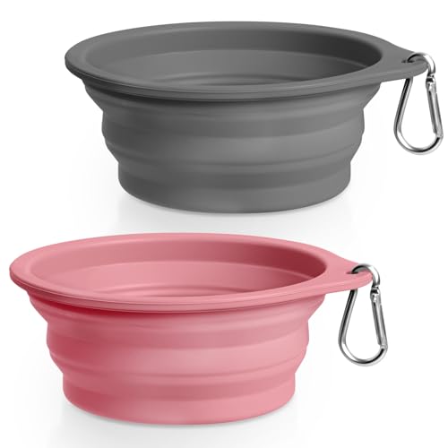 Rest-Eazzzy 2-Pack Silicone Collapsible Dog Bowls, BPA Free Dishwasher Safe, Portable Foldable Travel Bowl, Food Water Feeding Cup Dish for Dogs Cats with 2 Carabiners (Grey, Pink, 550 ML)