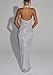 Hoepoly Women's Sparkly Silver White Sequin Bodycon Prom Dresses Halter V Neck Long Club Slit Maxi Gowns Mermaid Backless Semi Formal Party Dress Large