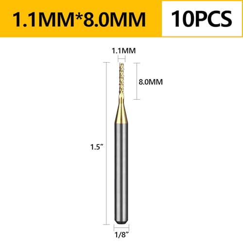 Image of Tools 10Pcs 1.1mm TiN Coating Solid Carbide End Mill Engraving Milling Cutter CNC Router Bits for PCB Machine, 1 /8 inch Shank 1BOX