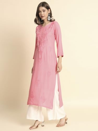 Image of VAIRAGEE Women's Embroidered Lukhnavi Chikankari Work Straight Rayon Ethnic Kurta | Casual Office Kurta for Women