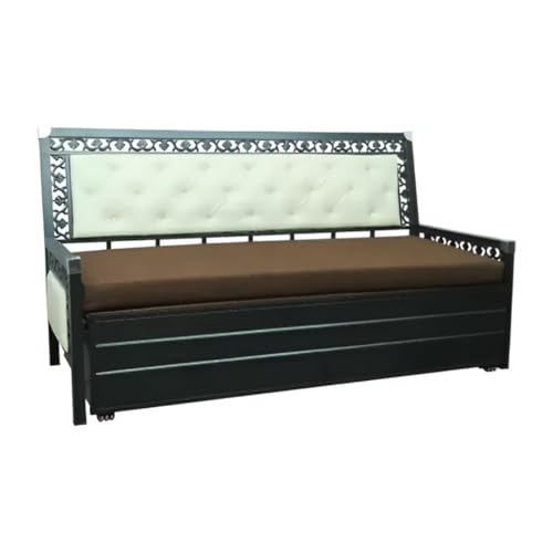 Image of Rexo Metal Sofa Cum Bed with Hydraulic Storage | 3 Seater Convertible Sofa Bed for Living Room | Heavy Duty Metal FrameMatte Black Finish with Dark Brown Cushion, Queen