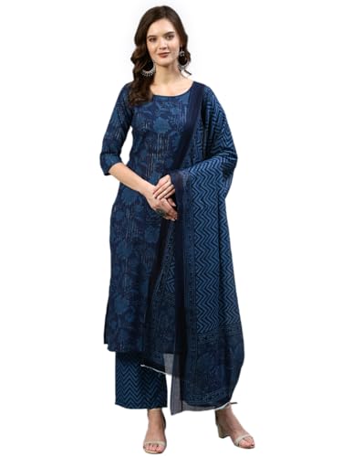 Image of YUVVIK Women's Ethnic Kurta Set | Floral Cotton Kurti with Palazzo & Matching Dupatta | Trendy Plus Size Suit for Festivals, Parties & Daily Outfit