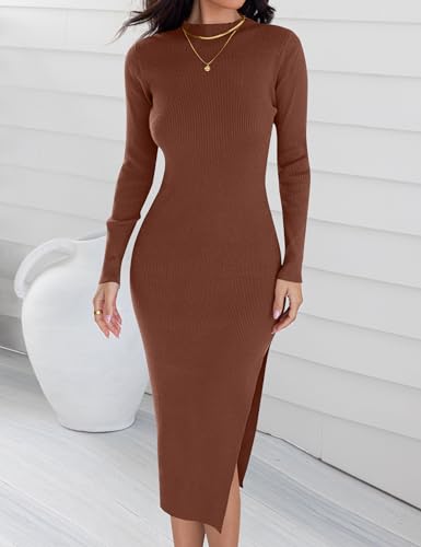 ZESICA Women's 2025 Ribbed Knit Dress Long Sleeve Mock Neck Slim Fit Side Slit Fall Elegant Sweater Dresses3