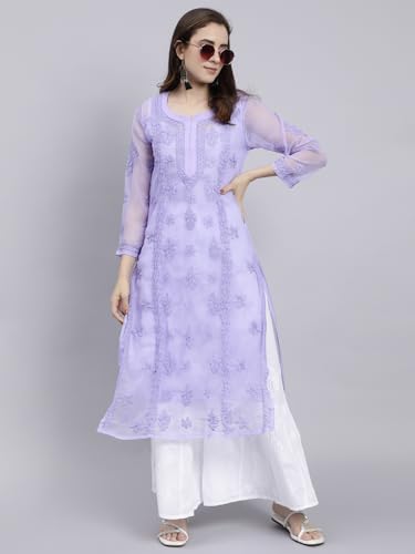 Image of Seva Chikan Hand Embroidered Lucknowi Chikankari Georgette Kurta with Inner Slip for Women SCL4431