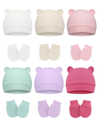 Image of ZURLEFY Cotton Baby Hats and Mittens Set Unisex, Toddler No Scratch Mittens and Beanie Cap Infant Newborn Hospital Hat