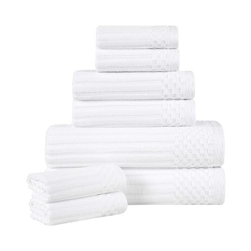 Juego de toallas de algodón de 8 piezas, sólidas y acanaladas, toallas de cara de 13 x 13 pulgadas, toallas de mano de 16 x 28 pulgadas, toallas de baño de 27 x 54 pulgadas, color blanco por Superior