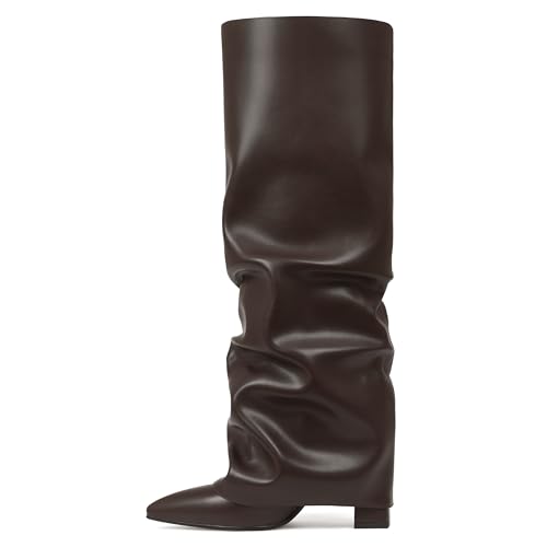 Image of SaraIris Women's Slouchy Knee High Boots - Black, Pointed Toe, Fold Over, Chunky, Shark Boots