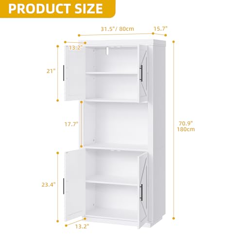DWVO Kitchen Pantry Cabinet, Modern 71" Tall Kitchen Pantry Hutch Storage Cabinets with Lights & Charging Station & Microwave Stand for Living & Dining Room or Hallway, White