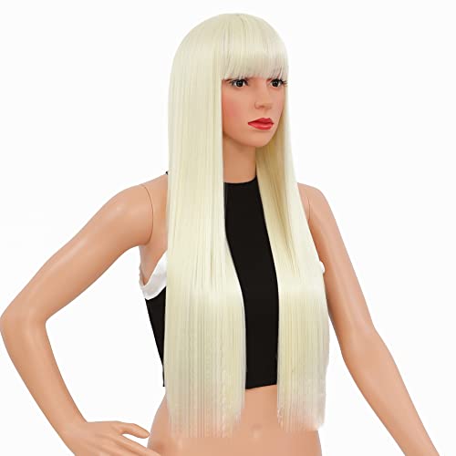 Blonde Wig with Bangs for Women 26" Long Straight Wigs Heat Resistant Fiber Synthetic Wigs Cosplay Daily Natural looking(613 White Blonde)