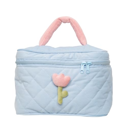 Neceser de viaje de pana, de gran capacidad, con flores, para mujer, portátil, para maquillaje, tamaño grande, Blue