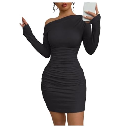 Acelitt Fall Off The Shoulder Dresses for Women 2025 Long Sleeve Ruched Bodycon Cocktail Party Mini Dress Black Large