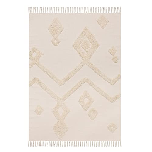 AVANTEX Teppich Makramee, Schlaf- und Wohnzimmerteppich im Boho Style, getufteter Teppich mit Quasten – 100% Baumwolle – ca. 120 x 180 cm, beige