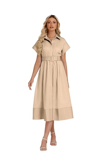 Image of Ladyful Women Casual Button Down Shirt Dress Short Wing Sleeve Buiness Midi Shirt Dress with Belt Elegant Dress