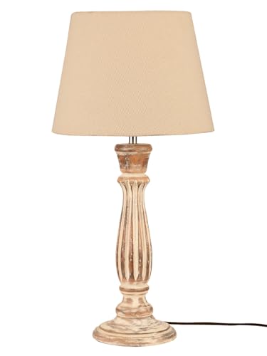 Image of Green Girgit Athens Wooden lamp with Taper Samre White Solid Shade, Vintage Style Table Lamp with Distressed Wood Base, Cream Fabric Shade (LED Bulb Included)