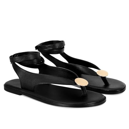Image of Flat Sandals for Women Strappy Sandals Comfortable Dressy Beach Flip Flop Slides Thong Sandals for Women with Metal Circular