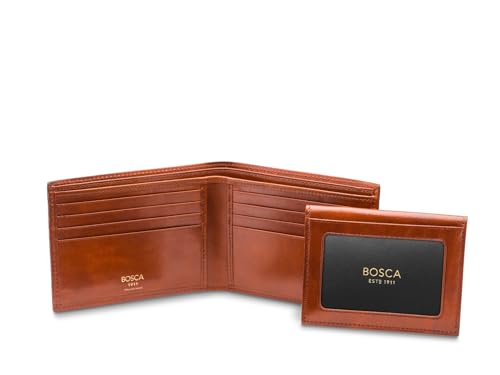 Image of Bosca Men's Italian Leather Bifold Wallet with Removable ID Passcase, RFID Blocking, 8 Card Slots, and Divided Currency Well - Made in Italy, Amber Tan
