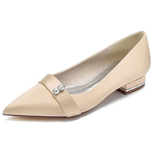 QXue Slip on Damen Ballerinas Brautschuhe Satin Flats Strass Brautjungfer Hochzeit Kleid Schuhe 36-43,Champagne,8 UK/41 EU Cover