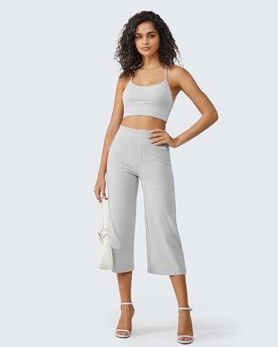 Image of G4Free Capri Pants for Women Wide Leg Yoga Dress Cropped Pants Capri Leggings with Pockets for Casual Summer