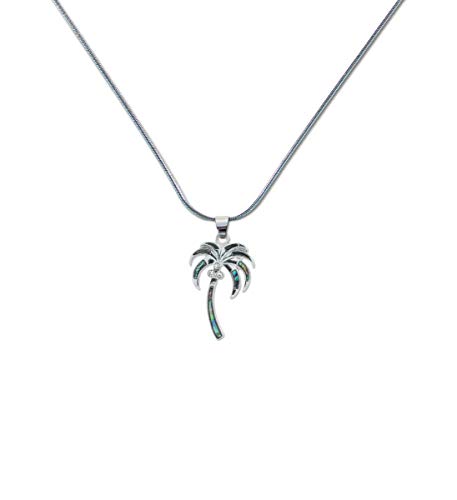 Palm Tree Necklace Jewelry - Authentic Pendant Made With Natural Paua Abalone Shell With Silver Snake Chain Necklace, Unique Charm Jewel for Daily, Casual and Formal Occasions - 18 Inches
