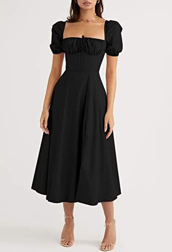 Linsery Women's Puff Sleeve Floral Maxi Dress Elegant Square Neck Cottagecore Boho Split Long Dresses2