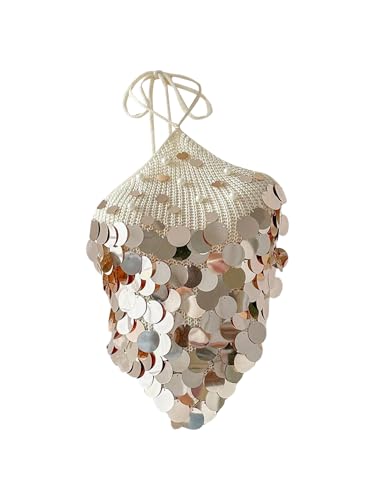 MakeMeChic Women's Summer Y2K Party Halter Tops Pearl Beaded Sequin Sweater Knitted Crop Tops
