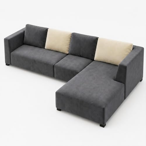 Image of FURNY Olympus 6 Seater RHS L Shape Sofa Set | Plush Velvet Suede Fabric | Modern Design | Soft Comfort Dual Color Cushions for Living Room, Office & Hotels (Dark Grey-Cream)